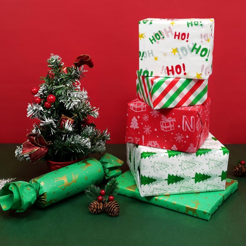 ROSYJUNE 120 Sheets Christmas Tissue Paper for Gift Bags, 20" x 14" Red Green White Wrapping Tissue Paper with 8 Different Designs for Christmas Gift Wrapping Holiday Decoration DIY Craft - Image 4